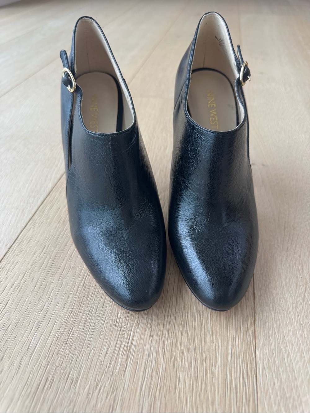 Nine West Black Leather Pointed Toe Ankle Booties – High Heel